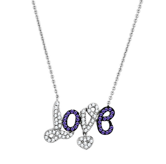 3W414 - Rhodium + Ruthenium Brass Necklace with AAA Grade CZ in Amethyst