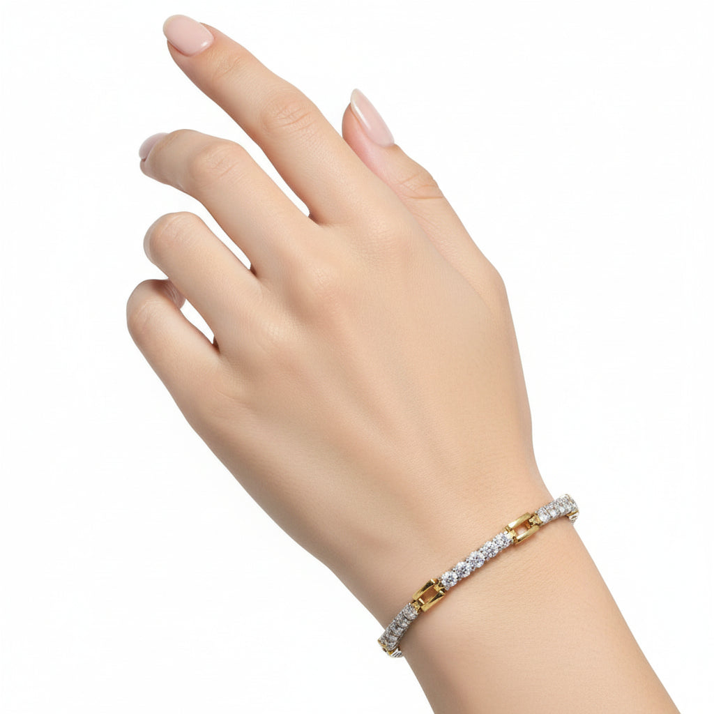 32008 - Gold+Rhodium Brass Bracelet with AAA Grade CZ  in Clear-0