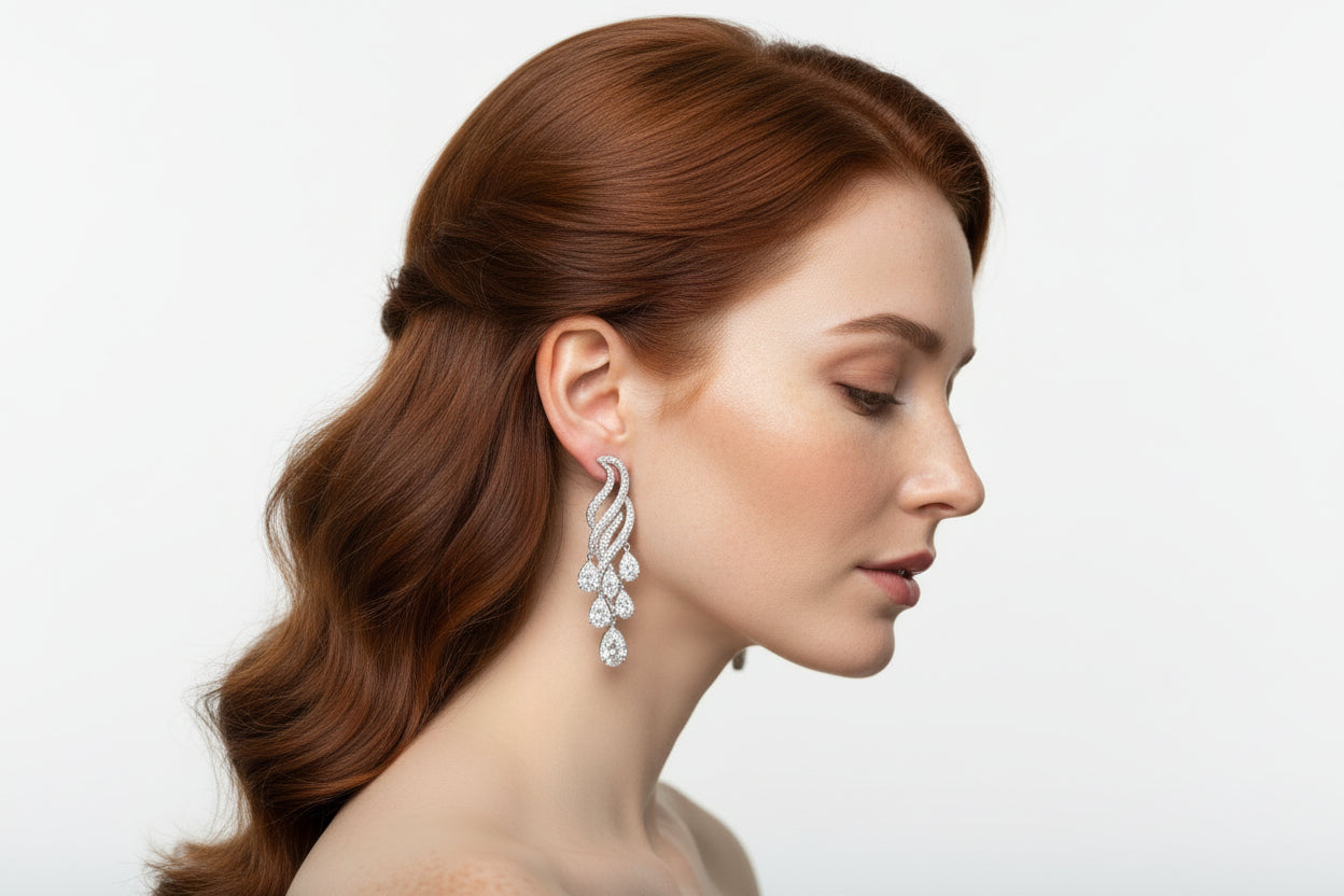 3W299 - Rhodium Brass Earrings with AAA Grade CZ  in Clear-0