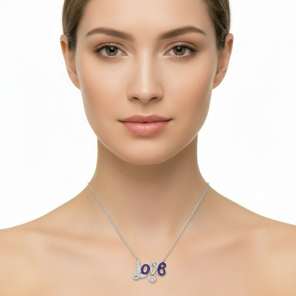 3W414 - Rhodium + Ruthenium Brass Necklace with AAA Grade CZ  in Amethyst-0
