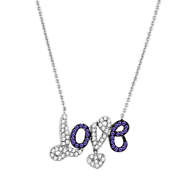 3W414 - Rhodium + Ruthenium Brass Necklace with AAA Grade CZ  in Amethyst