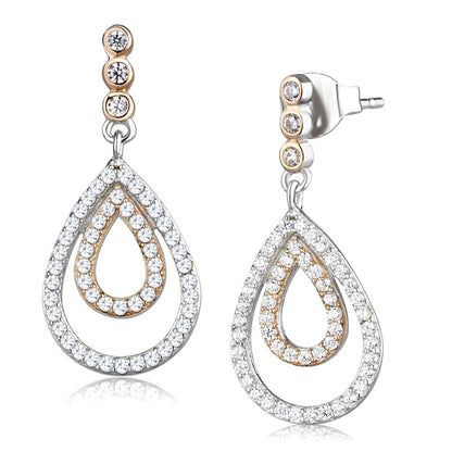 TS548 - Rose Gold + Rhodium 925 Sterling Silver Earrings with AAA Grade CZ  in Clear-2