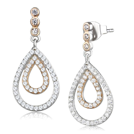 TS548 - Rose Gold + Rhodium 925 Sterling Silver Earrings with AAA Grade CZ  in Clear-2